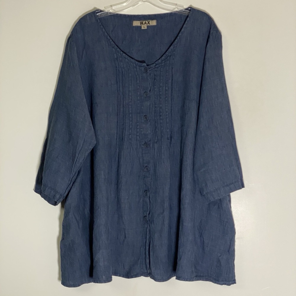 Flax Top Womens Large Blue 100% Linen Oversized Tunic Lagenlook Coastal Organic